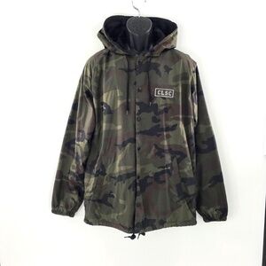 CLSC Life Box Logo Jacket Green Camo Nylon Hooded Coach Snap Button Front Sz L